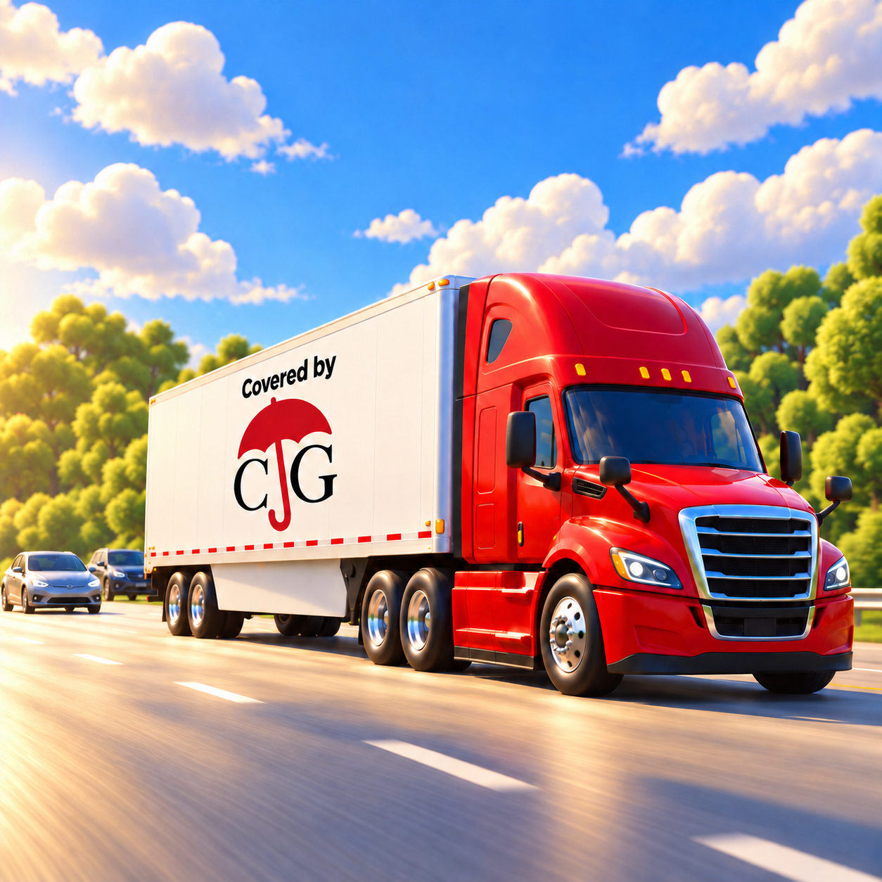 Illustrated red semi-truck with two cars behind it on a sunny road, with Covered by CJG and the red umbrella logo on its white trailer